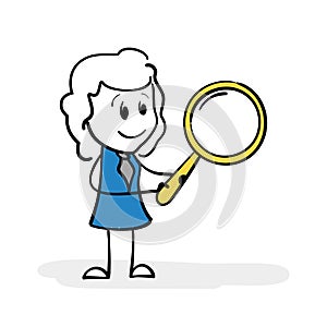 Cartoon stick woman looking through magnifying glass. Drawing of stick figure business woman searching for something