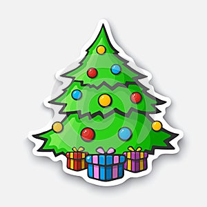 Cartoon sticker with Christmas tree in comic style