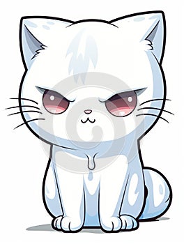 Cartoon sticker evil white kitten on white background isolated, AI