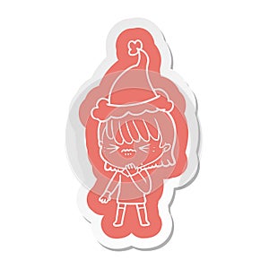 cartoon  sticker of a girl regretting a mistake wearing santa hat