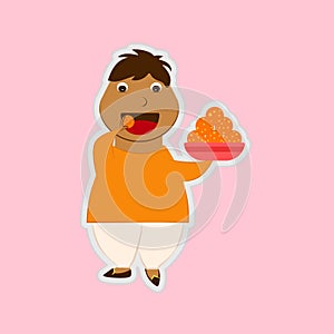 Cartoon Sticker Of Indian Young Fatty Man Eating Laddu From Sweets Ball Plate Over Pink