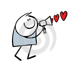 Cartoon stickman holds a megaphone and shouts about his love. Vector illustration of a romantic message and flying