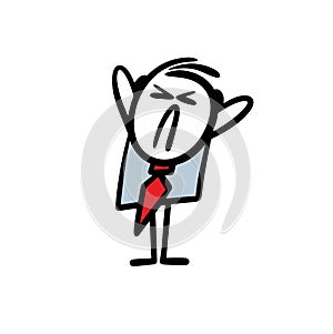 Cartoon stickman in office jacket and tie covered his ears with his hands in depression.