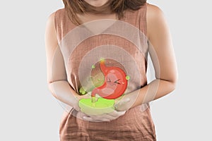 Cartoon stomach in the woman belly filled with gas the cause of flatulence and stomach ache