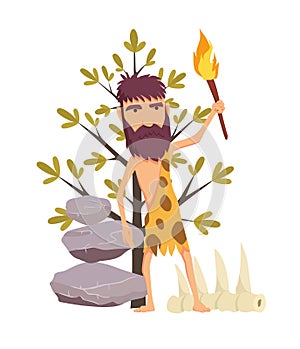 Cartoon stone age man with torch. Ancient people vector symbol stock web illustration.