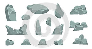 Cartoon stones. Cartoon pile of rocks, gravel elements and granite boulder, flat isometric concrete and coil. Vector 3D