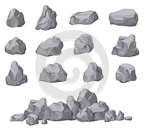 Cartoon stones. Rock stone isometric set. Granite boulders, natural building block shapes. 3d decoration isolated vector