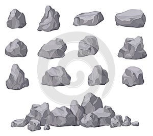 Cartoon stones. Rock stone isometric set. Granite boulders, natural building block shapes. 3d decoration isolated vector photo