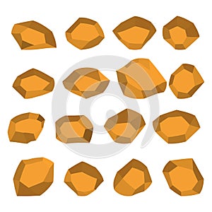 Cartoon stones. Rock stone isometric set. Yellow boulders, natural building block shapes, wall stones. 3d flat isolated