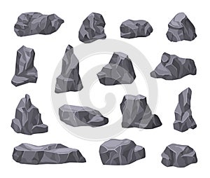 Cartoon stones. Stone pile, rocks pieces. Broken rock, giant grey boulder. Graphic materials, isolated 3d gravel and