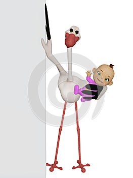 Cartoon stork with a baby and blank board