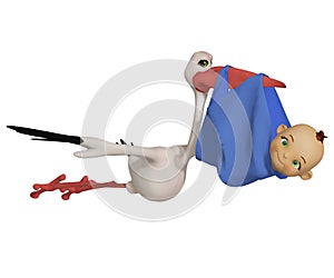 Cartoon stork with baby boy