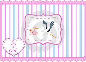 Cartoon stork with baby girl card