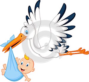 Cartoon stork carrying baby