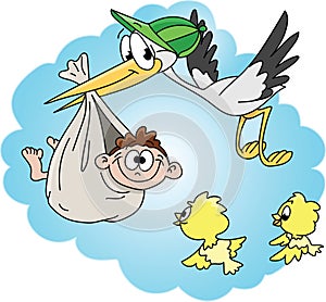 Cartoon stork carrying the newborn baby vector illustration