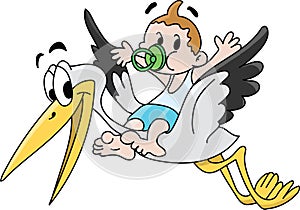 Cartoon stork carrying the newborn baby vector illustration