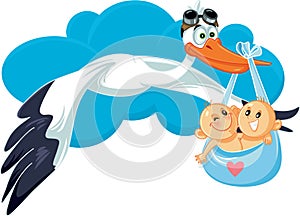 Cartoon Stork with Twins Vector Illustration