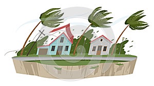 Cartoon storm wind natural disaster. Superstorm catastrophe, suburban house damage, gale cataclysm flat vector illustration on