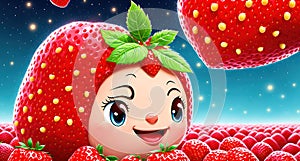 A cartoon strawberry with a big smile on its face surrounded by a field of strawberries.