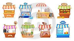 Cartoon street counter. Market stall festival stands buying farmer food product, wood kiosk local fair commercial tent