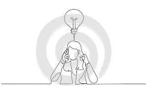 Cartoon of stressed businesswoman contemplate think hard for ideas touch forehead with fingers. Continuous line art style