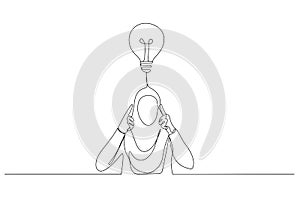 Cartoon of stressed muslim businesswoman contemplate think hard for ideas touch forehead with fingers. One line art style