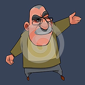 Cartoon strict character man with glasses points his hand to the side