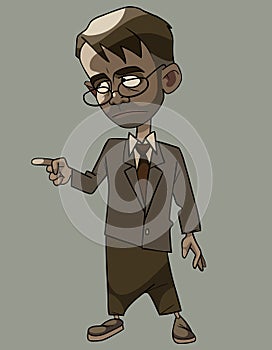 Cartoon strict man in a suit with a tie and glasses