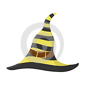 Cartoon striped witch hat with buckle isolated on white background. Children kid costume masquerade party. Design element for