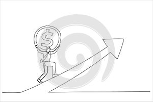 Cartoon of strong businessman investor carry money coin walk up rising up graph. Investment growth or earning rising up.