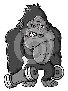 cartoon strong gorilla exercise with dumbbells