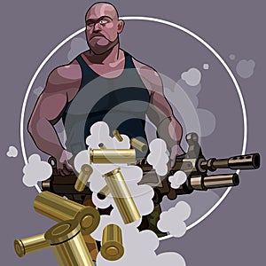 Cartoon strong man with big automatic weapons