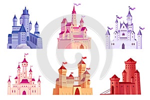 Cartoon strongholds. Medieval castles exterior, fantastic palaces magic kingdom fortified building citadel tower gothic