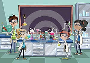 Cartoon students doing research with chemical fluid in the laboratory.