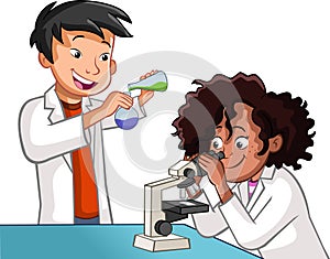 Cartoon students doing research with chemical fluid and microscope in the laboratory.