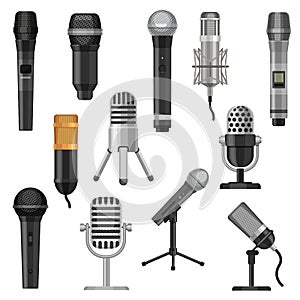 Cartoon studio microphones. Broadcast, voice and music audio recording equipment. Karaoke mic and vintage radio