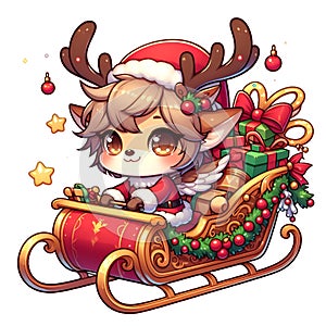 A cartoon style of adorable chibi reindeer with a sleigh full of christmas gifts, cartoon, holiday costums, white background photo