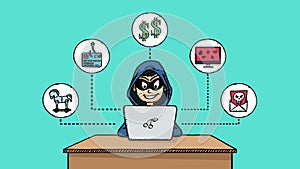 Cartoon style animation of hacker working on his laptop, surrounded by icons. The hacker is in his mask and hood.