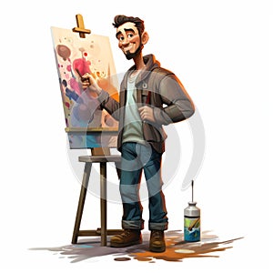 Cartoon Style Artist Worker Painting With Oil Paint