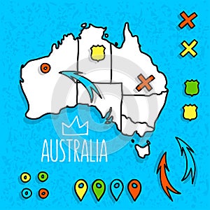 Cartoon style Australia travel map with pins