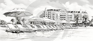 Cartoon style black and white seaside with umbrellas and sun loungers for drawing coloring book