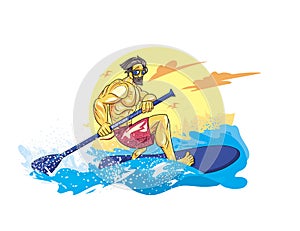 Cartoon style boy on the supsurf paddle