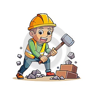 Cartoon builder breaking bricks with hammer construction site worker