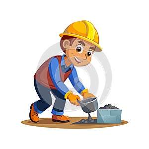 Cartoon builder constructing a brick wall with mortar
