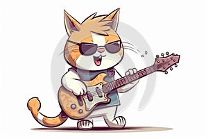 Cartoon style cat that is playing electric guitar. Beautiful illustration picture. Generative AI