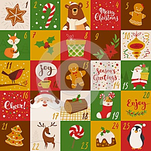 Cartoon style Christmas advent vector calendar design with holiday characters, food and symbols