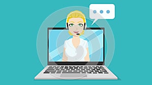 Cartoon style, colorful animation of customer service support. Happy blonde hair woman with headphones is talking on a laptop scre