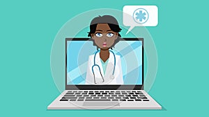 Cartoon style, colorful animation of online medical consultations. Black female doctor is talking on a laptop screen.