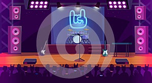 Cartoon style concert stage with musical instruments of a rock band and fans