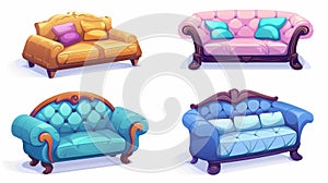 A cartoon style couch and sofa set in leather, fabric, quilted upholstery with pillows, interior objects on white